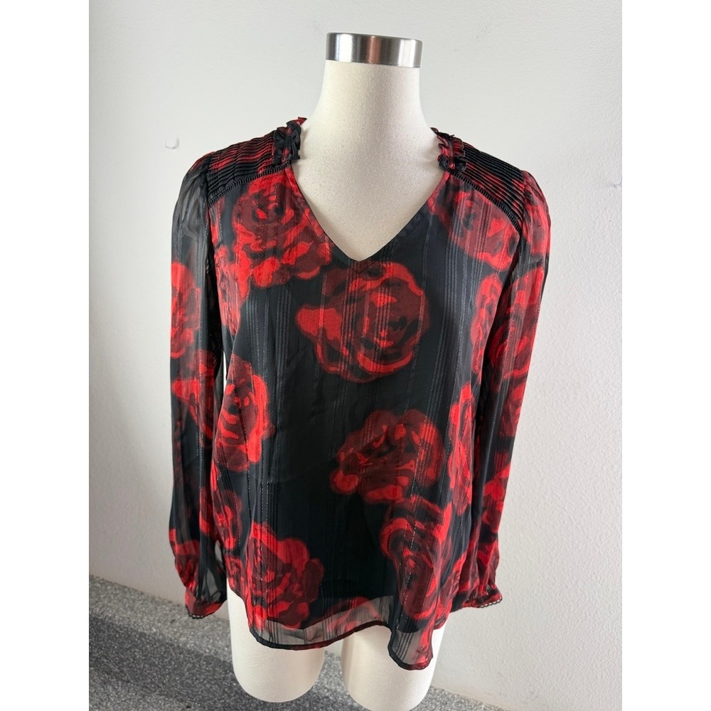 Nanette Lepore Womens Medium Red Rose Floral V Neck Blouse Black Long Sleeve